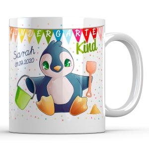 Personalisierte Keramiktasse Kindergarten Pinguin mit Namen und Datum