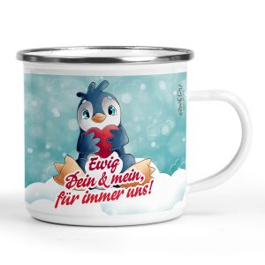 Personalisierter Emaille Becher Liebes Pinguin mit Herz und Namen